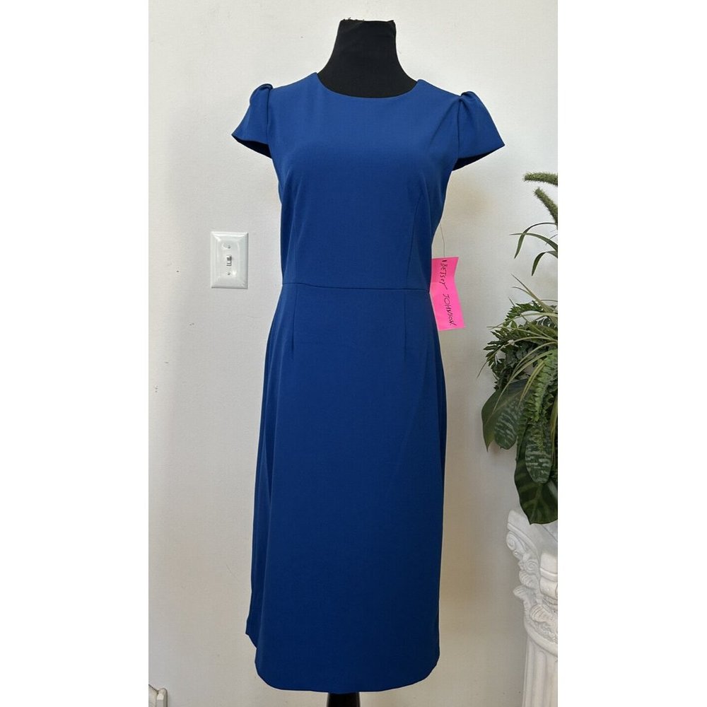 NWT Betsey Johnson Womenโs Blueโ Midi Puff Sleeve Scuba Sheath Dress Size 10